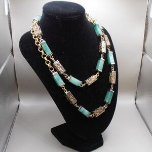 VTG Gold Tone Necklace Green Jadeite Panel Link Chinese Motif Long 32" Chain